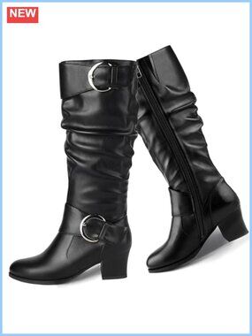 Women's Knee High Riding Boots Slouch Round Toe Buckle Block Mid Heel